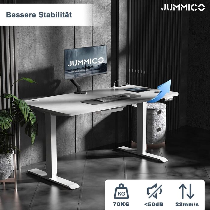 Електричний регульований стіл JUMMICO 140x70 см з бездротовою зарядкою, USB та євро-розеткою, сірої кольору – письмовий стіл для роботи стоячи та сидячи