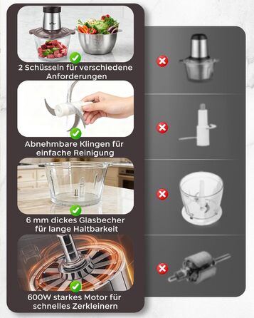 Електричний подрібнювач Bear 2L+1.8L з м'ясоподрібником, 600W, 2 швидкості, 4 леза з нержавіючої сталі, скляна ємність для м'яса, дитячого харчування, фруктів та овочів