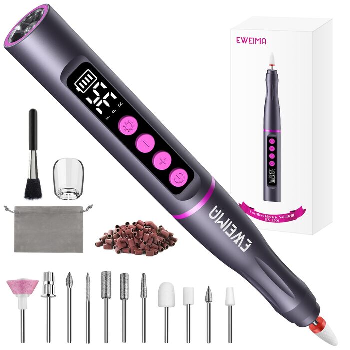 Електричний фрезер для нігтів EWEIMA 13 в 1 бездротовий, 35000 об/хв, 35 швидкостей, 66 насадок для гель-манікюру, професійний нейл-дриль, 1000mAh, сірий