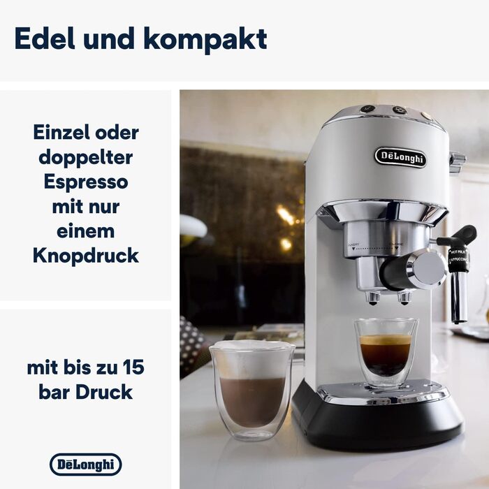 Еспресо-машина De'Longhi Dedica Style EC 685.W - компактна, з професійною капучинатором, для E.S.E. Pads, білий колір