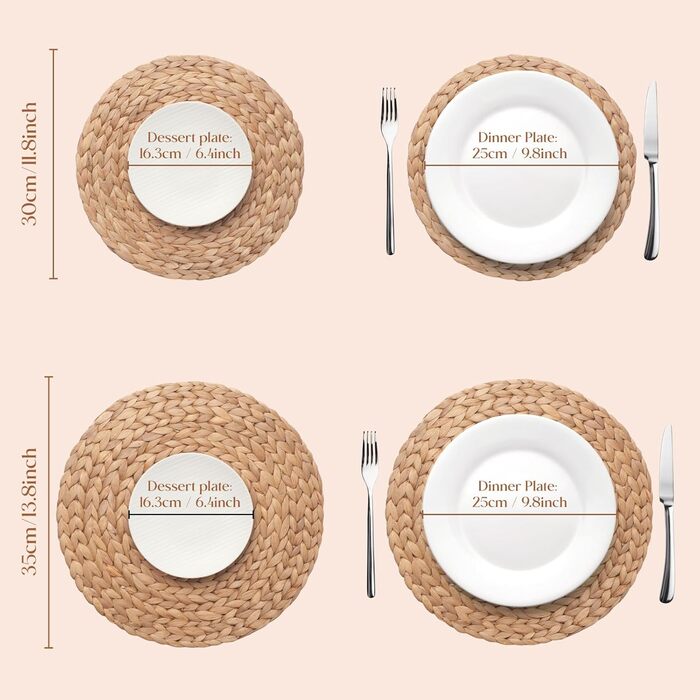 YANGQIHOME Placemats made of Water Hyacinth, Round Table Mats, Handmade Round Coasters, Plate Coasters for Dining Table and Boho Decor (Set of 6, 30 cm)