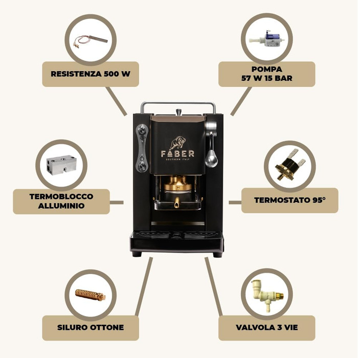 FABER COFFEE MACHINES | Pro Mini Deluxe Model | Coffee Machine for 44 mm ESE Pods | Chrome Finish | Brass Pad Press (Mat Black)