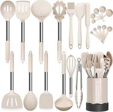 Silicone Cooking Utensil Set, Mushroom, Non-Stick Coated, Kitchen Gadgets, 24-Piece Cooking Utensil Set, Heat-Resistant Cookware, Silicone Kitchen Tools with Stainless Steel Handle (Khaki-24-Piece)