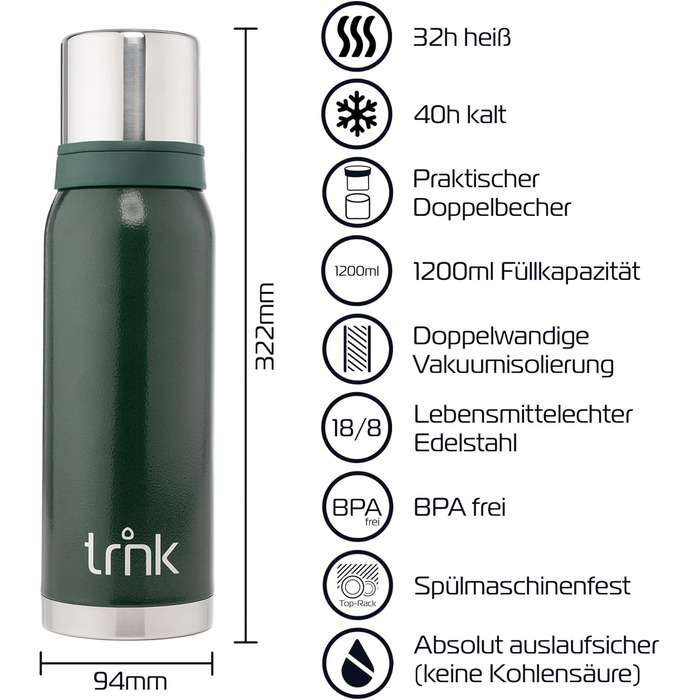 Термос Outdoor Arktis 2 - 1200 мл, нержавіюча сталь, BPA-free, 32 год, 2 стаканчики, для активного відпочинку, зелений