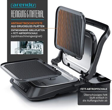 Arendo Electric Grill - Contact Grill, Tabletop Grill & Sandwich Maker with Digital Control - 1900W, 7 Programs, Removable Plates, Stainless Steel