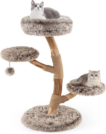 Дерев'яний кігтеточки для котів Costway 90 см, 3 м'які сидіння, джутовий кігтеточки, кігтеточки-вежа, кігтеточки для котів, масивне дерево, білий+натуральний, 1 ствол, 3 яруси