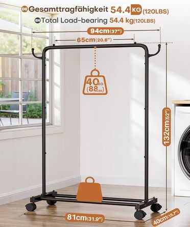 Міцний вішак для одягу на колесах Yorbay: металева стійка з полицею для багажу. Компактна вішалка для одягу в спальню, пральню, магазин (81 см). Чорний колір, 81 см