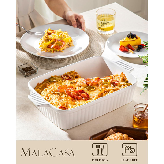 Керамічна форма для запікання MALACASA Bake.Bake 39,6 см, 4,2 л, біла, для лазаньї, тірамісу, запіканок, прямокутна, на 4-6 осіб