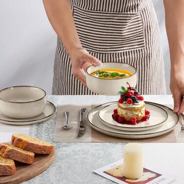 Сервіз посуду Joyfair на 6 осіб, 18 предметів, кераміка, з реактивною глазурью, тарілки для їжі, десертні тарілки, миски для каші, підходить для мікрохвильової печі та посудомийної машини, (Riff Khaki)