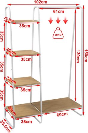 Coat rack, stable wardrobe, clothes rail with 5 shelves, 6 coat hooks, black metal coat rack, free-standing coat stand (white + oak, classic)