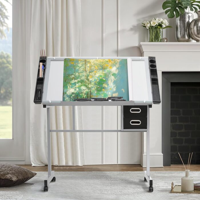 Adjustable Art Desk with Storage - Tiltable Drafting Table with Wheels - Multi-Purpose Craft Station