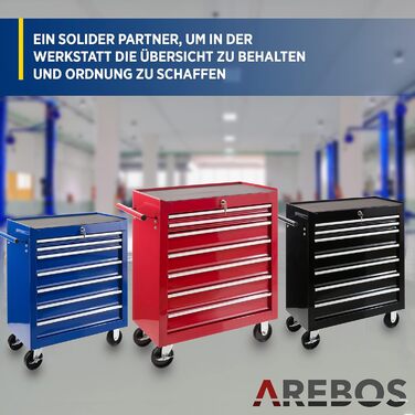 Arebos 7-Drawer Tool Cart | Central Locking Tool Wagon with 2 Keys & Anti-Slip Mats | Ball Bearing Drawers | 2 Wheels with Brake | (Red)