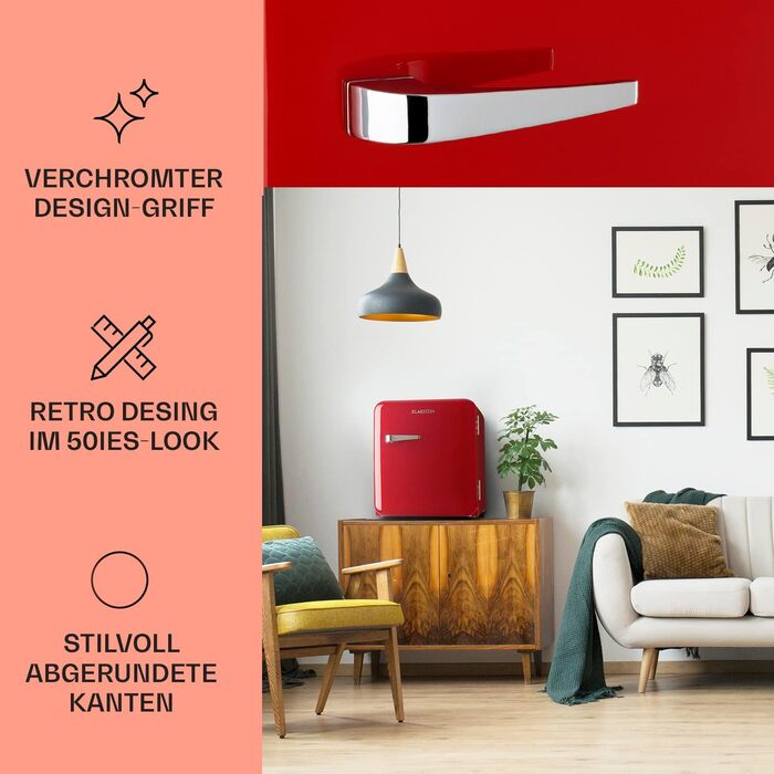 Klarstein Mini Kühlschrank з морозильною камерою 37л: компактний холодильник для напоїв та косметики, ретро-дизайн, тихий, для кімнати, 2в1, червоний, енергоклас E