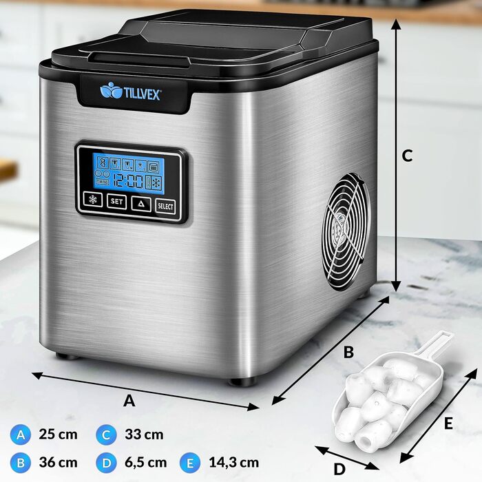 tillvex Ice Maker Stainless Steel 12 kg - 24 h | Ice Cube Maker with Timer and 2.2 Liter Water Tank | Ice-Maker LCD Display & Self-Cleaning Function | 3 Ice Cube Sizes (Silver)