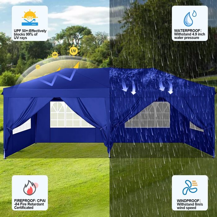 COBIZI Pavilion 3x3 Waterproof Folding Pavilion with 4 Side Panels Outdoor Folding Pavilion Stable UV Protection 50+ Pop-Up Garden Pavilion Party Tent for Outdoors, Garden, Party, Wedding, Market (Navy Blue, 3x6m)