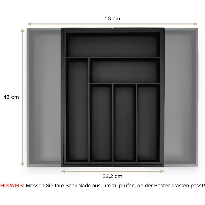 Органайзер для кухонних ящиків Besteckkasten #47 (глибина 47 см) з бамбука, чорний - висувний, система організації для столових приборів