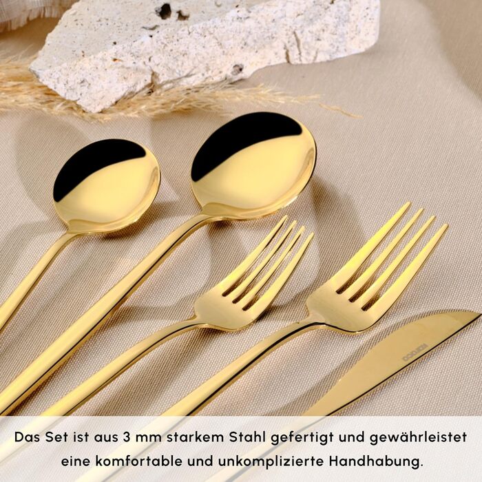 Karaca Orion Shiny Gold 30-Piece Cutlery Set - Knives, Forks, Spoons, Cake Forks, Stainless Steel, Dining Cutlery Tableware Set - Healthy and Hygienic, Modern Design