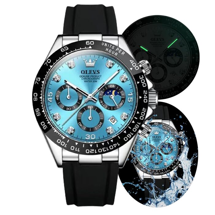 Чоловічий годинник-хронограф OLEVS на кварцовому механізмі, світлові стрілки, мода, відпочинок (2875-blue)