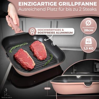 Гриль-сковорода NEU 28 см з виливом та знімною ручкою, антипригарна, без PFOA, для індукції, жаростійка, рожева