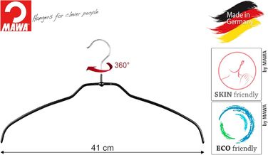 MAWA Clothes Hangers Light, Set of 20 space-saving and non-slip hangers, ideal for shirts and blouses, with 360° rotatable hook and non-slip coating, 42 cm, Black