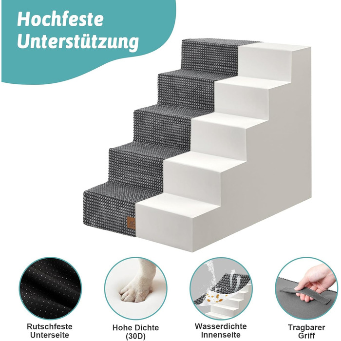 COZY KISS Dog Stairs for Small Dogs, Wide Steps Pet Stairs for Bed Couch Car, 60cm High High-Density Foam Cat Stairs with Removable Cover (7x0x60cm, ) (Dark Gray, 5, 75x50x60cm)