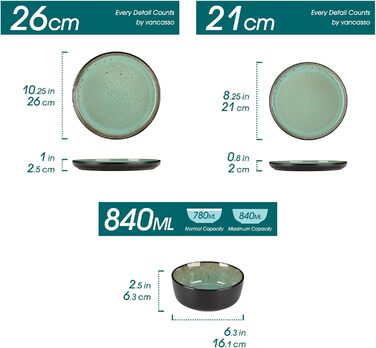 Набір посуду на 6 осіб vancasso AMBER, 18 предметів, ручної роботи, з реактивною глазур'ю, смарагдово-зелений