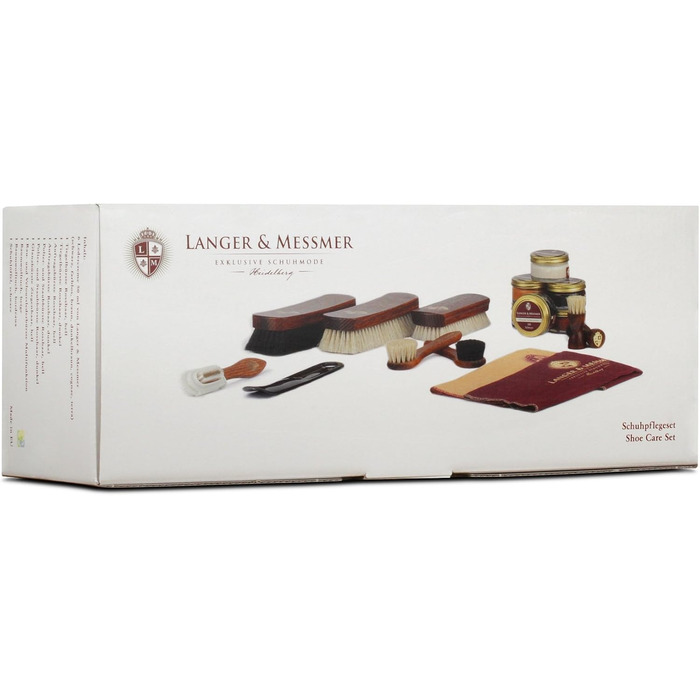 Langer & Messmer Shoe Care Set including high-quality leather care creams and horsehair brushes for effective care of your smooth leather shoes - The shoe care set for professional shoe care.