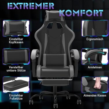 Devoko Massage Gaming Chair, Computer Office Chair with Footrest, Racing Gamer Chair 150kg Weight Capacity, 90-135° Adjustable Backrest, 360° Swivel, Gray