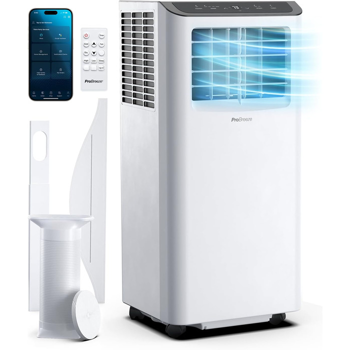Мобільний кондиціонер Pro Breeze™ 9000 BTU 4-в-1: охолоджувач, вентилятор, осушувач, нічний режим, клас енергоефективності A, комплект для ущільнення вікна, пульт ДК та таймер 24 години, білий