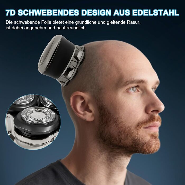 Електричний бритва Carehabi для гоління голови, чоловічий, водонепроникний IPX6, 7D плаваючі головки, LED-дисплей, акумуляторна, для сухого та вологого гоління, для подорожей