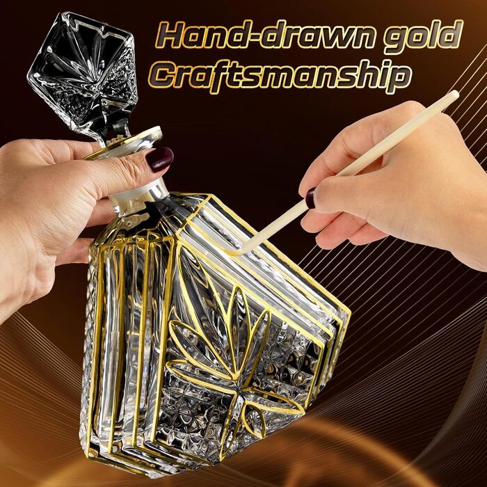 Розкішний набір декантерів ручної роботи з золотом для чоловіків: віскі, вино, бурбон, текіла. Кришталевий декантер та 2 склянки.