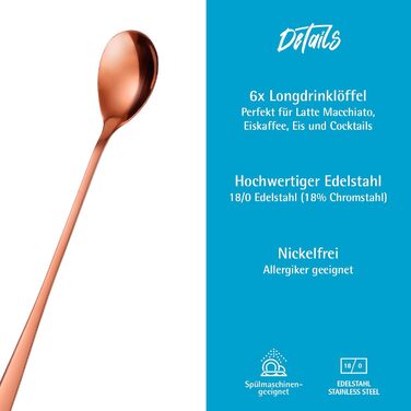 Ложка для кави, десертів та айс-ті з нержавіючої сталі GRÄWE, довга, червоне золото, для миття в посудомийній машині