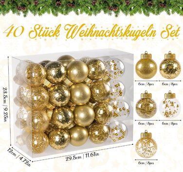 40 шт. прозорих новорічних кулі з кришкою, 6 см, кулі для ялинки з 5 різними золотими внутрішніми дизайнами, пластикові кулі для ялинки, вікна, внутрішнього та зовнішнього декору