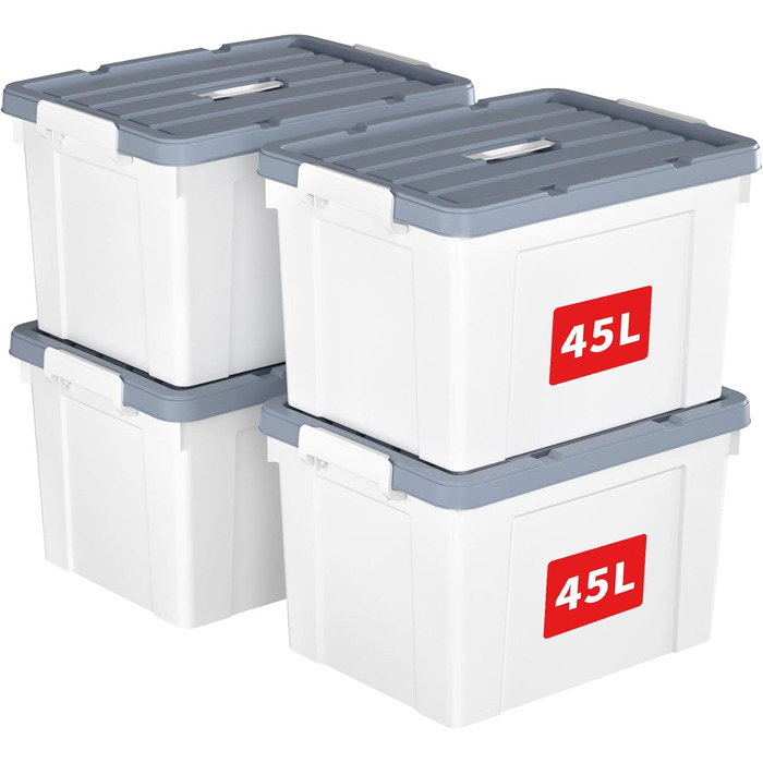 Cetomo Plastic Storage Box - Box with Durable Lid and Safety Closure, Stackable and Nestable, 3-Pack White (45L x 4)