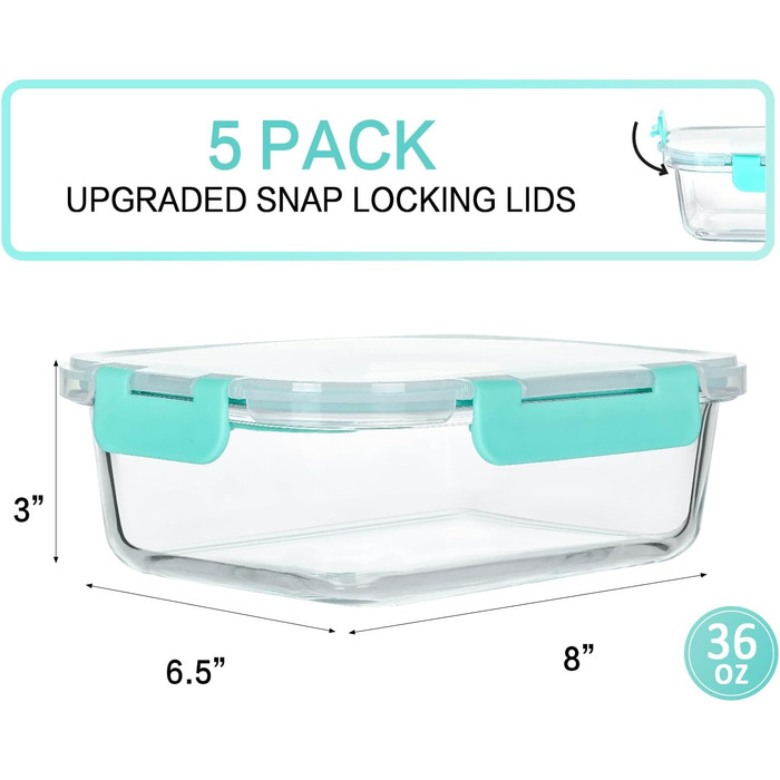 Набір скляних контейнерів для зберігання їжі MCIRCO 1040 мл (5 шт.) з герметичним силіконовим кільцем | Контейнери для їжі, Meal Prep