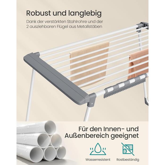 SONGMICS Сушарка для білизни SONGMICS LLR518G01, металева, розкладна, 52.5 x 173 x 96.5 см, з тримачем для шкарпеток, для одягу, рушників, білизни