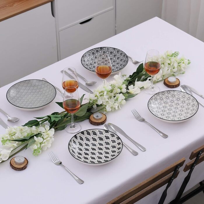 Набір тарілок Vancasso Haruka: 4 супові тарілки з порцеляни, Ø 21 см, 700 мл, чорний + кремовий