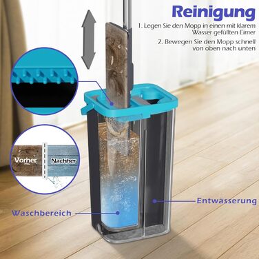 Набір для миття підлоги з відром, 2 в 1: моп з відром та функцією віджиму, з регульованою ручкою з нержавіючої сталі та 6 мікрофібровими насадками, підходить для плитки та ламінату (сірий + зелений)