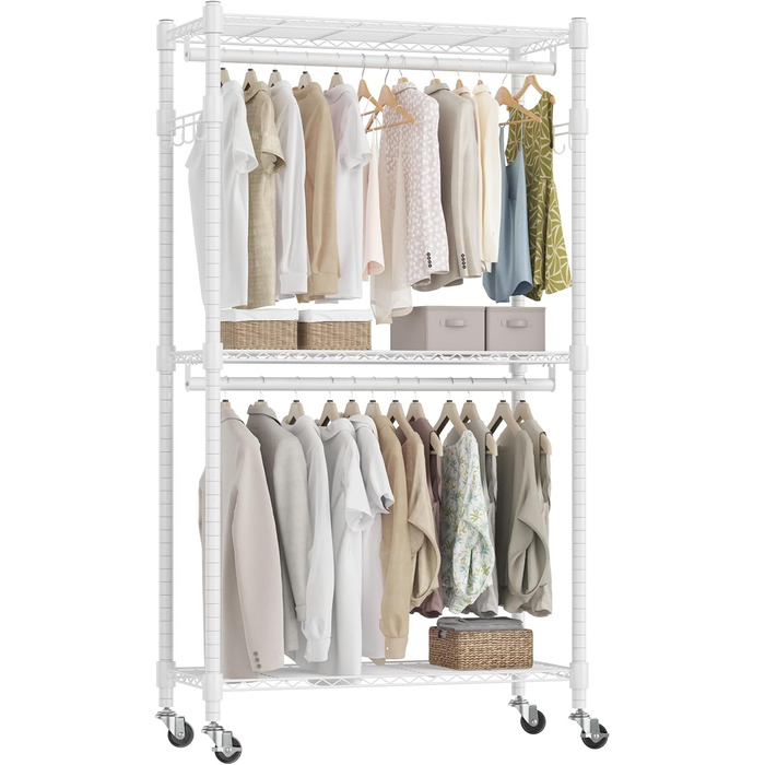 Double Clothes Rack/Garment Rod with Adjustable Shelves, Heavy-Duty Clothes Rack with 2 Hooks, Rolling Clothes Rack, 90 * 42 * 205cm, White (White, 60*42*205cm)