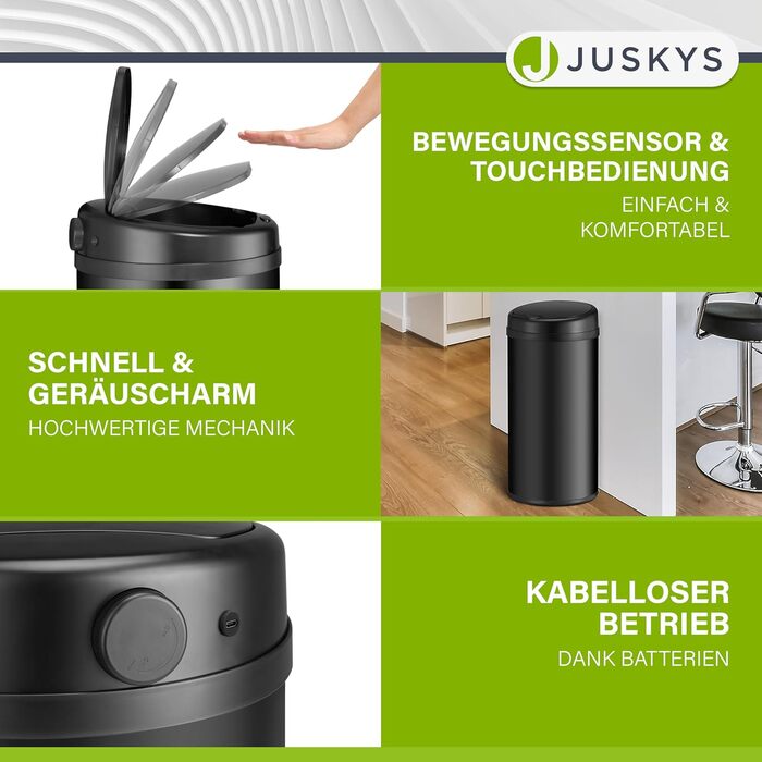 Відро для сміття Juskys з датчиком руху, 30 л, нержавіюча сталь, з кришкою-затискачем для пакетів, безконтактне відкриття