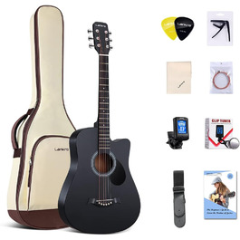 Акустична гітара Lankro 38 дюймів для початківців: чорна гітара Westerngitarre з кейсом, підставкою, медіатором, тюнером, набором струн та інструкцією