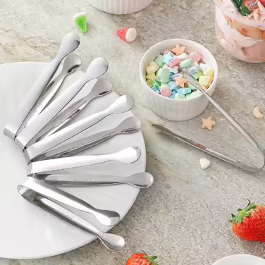 Small Mini Tongs, 10.7 cm, Stainless Steel, small tongs for serving food, durable metal kitchen tongs for ice, salad, toaster, desserts, appetizers, and charcuterie boards (6 pieces)