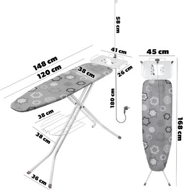 КADAX Складане прасувальне щитове поле, 120x38 см з розеткою, регульоване по висоті, сірий колір