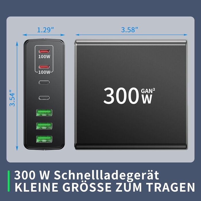 Зарядний пристрій FINIBO USB-C 300W: 7 портів (4 USB-C + 3 USB-A), швидка зарядка, Dual-PD PPS, для MacBook Pro/Air, iPad Pro/Air, Samsung (Чорний)