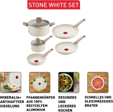 Набір посуду Tefal Mineralia+ Stone White On, 7 предметів, антипригарне покриття, Thermo-Signal, для всіх типів плит, білий, G199S544