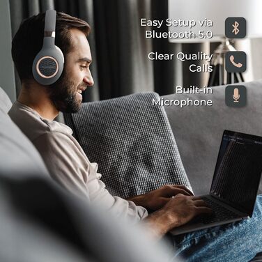 PowerLocus Bluetooth навушники Over-Ear, бездротові, складні, з мікрофоном, Hi-Fi стерео, глибокий бас, м'які амбушюри, для телефону, планшета, ПК - асфальтово-сірий