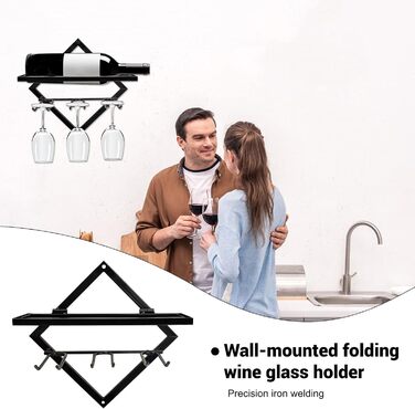 2pcs Metal Wall Mounted Wine Rack Stemware Glass Rack, Foldable Wall Hanging Red Wine Shelf Organizer with 3 Stem Glass Holders, Black Wine Bottle Hanger for Home Kitchen Bar Wall Decor