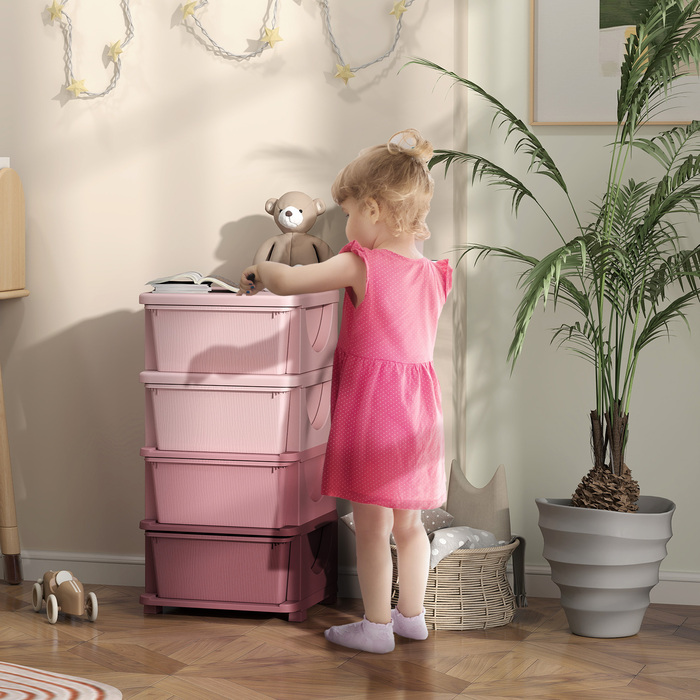 HOMCOM Chest of Drawers for Kids' Room, 4-Tier Toy Organizer, Toy Storage, Pink