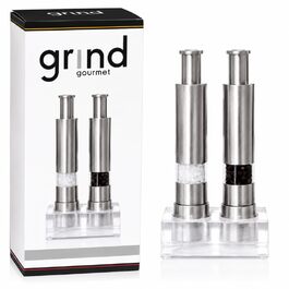 Набір млинів для солі та перцю Grind Gourmet 2 шт., нержавіюча сталь, срібний, з підставкою, для чорного перцю, морської та гімалайської солі