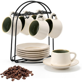 Набір керамічних чашок та підставок для кави з металевим стійкою (6 шт.), 130 мл - Cappuccino, Espresso, Latte, Americano, Чай, чорний колір